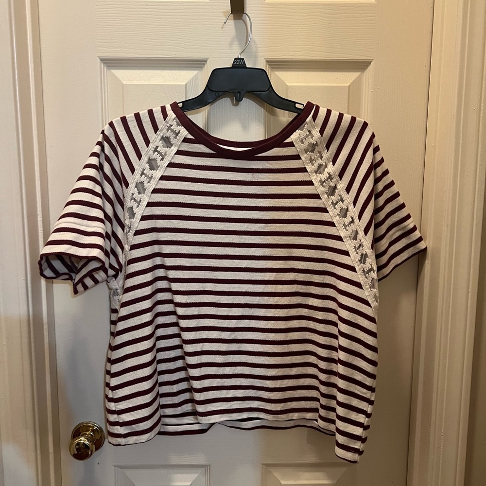 Old Navy Maroon Striped Lace Trim Tee